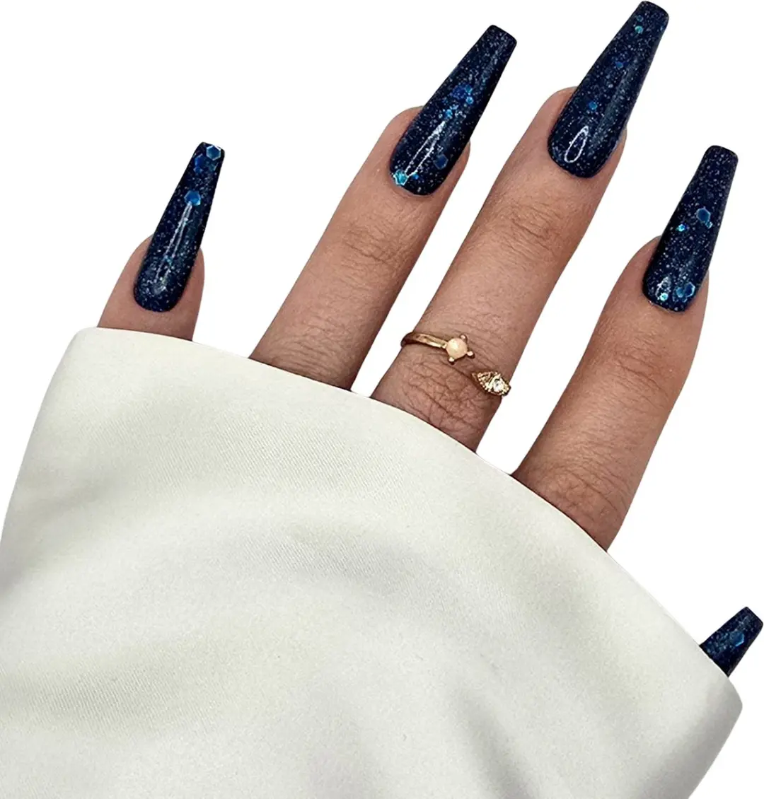 SD Press on Nails B-269 XL Coffin Blauw Glitter