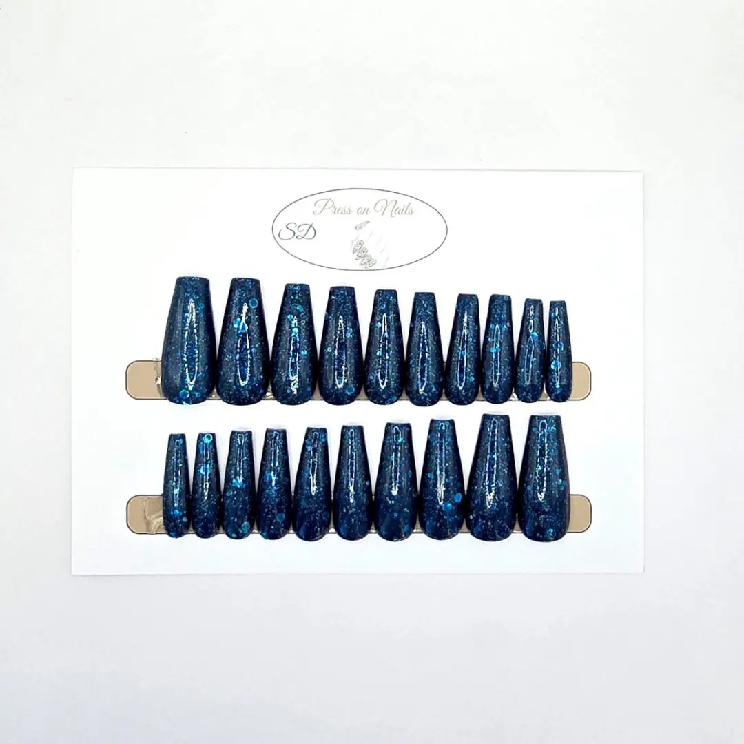 SD Press on Nails B-269 XL Coffin Blauw Glitter - 20 Stuks