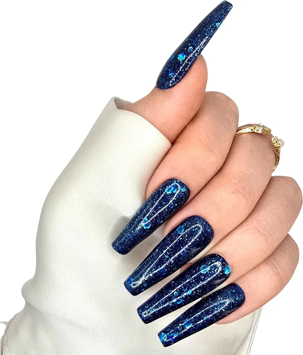 SD Press on Nails B-269 XL Coffin Blauw Glitter - 20 Stuks