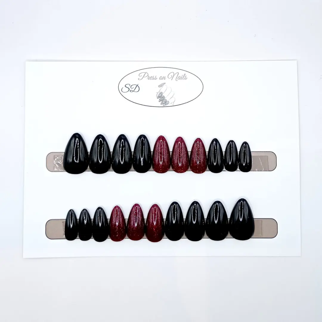 SD Press on Nails B-185 Plaknagels Stiletto - 20 Stuks - Zwart Rode Glans
