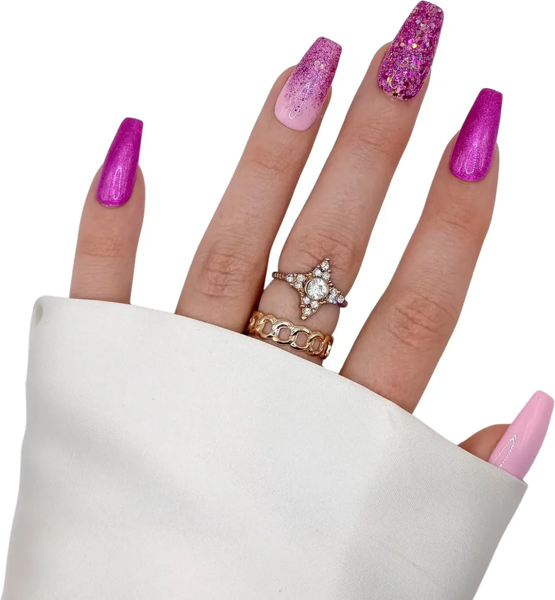 SD Press on Nails Roze Glitter Plaknagels Long Coffin - 20 Stuks