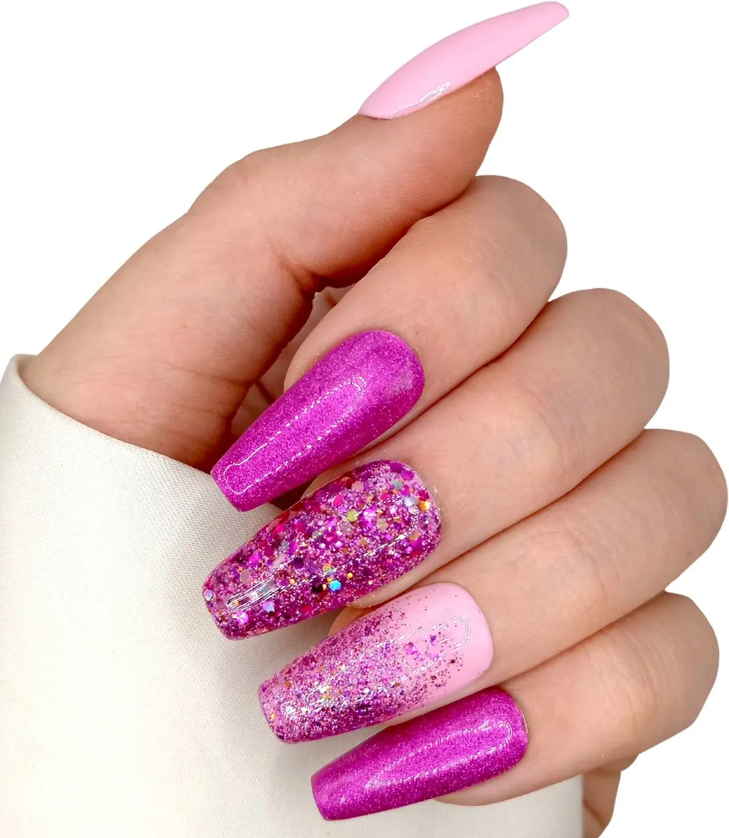 SD Press on Nails Roze Glitter Plaknagels Long Coffin