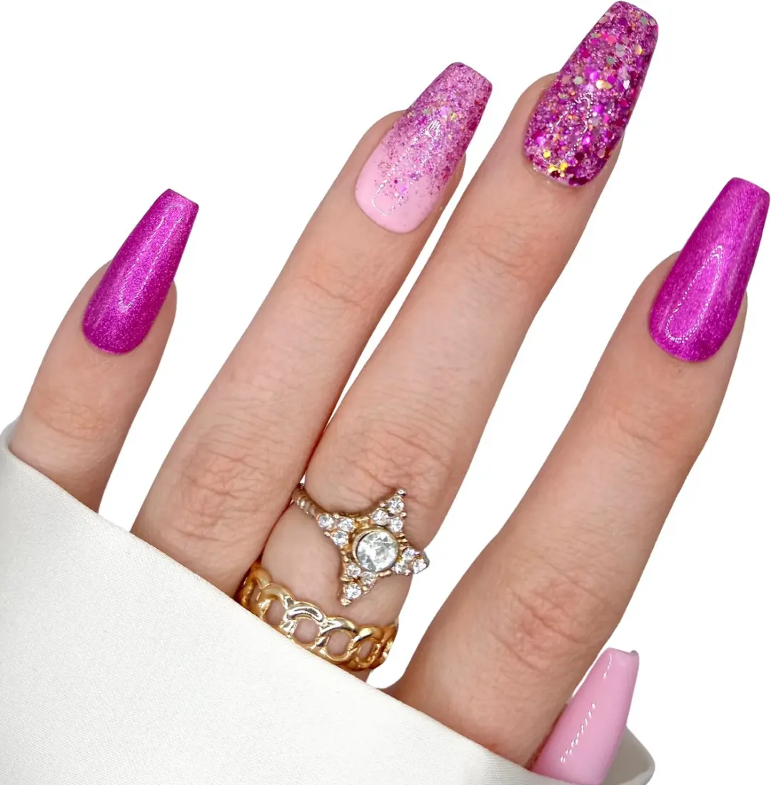 SD Press on Nails Roze Glitter Plaknagels Long Coffin - 20 Stuks
