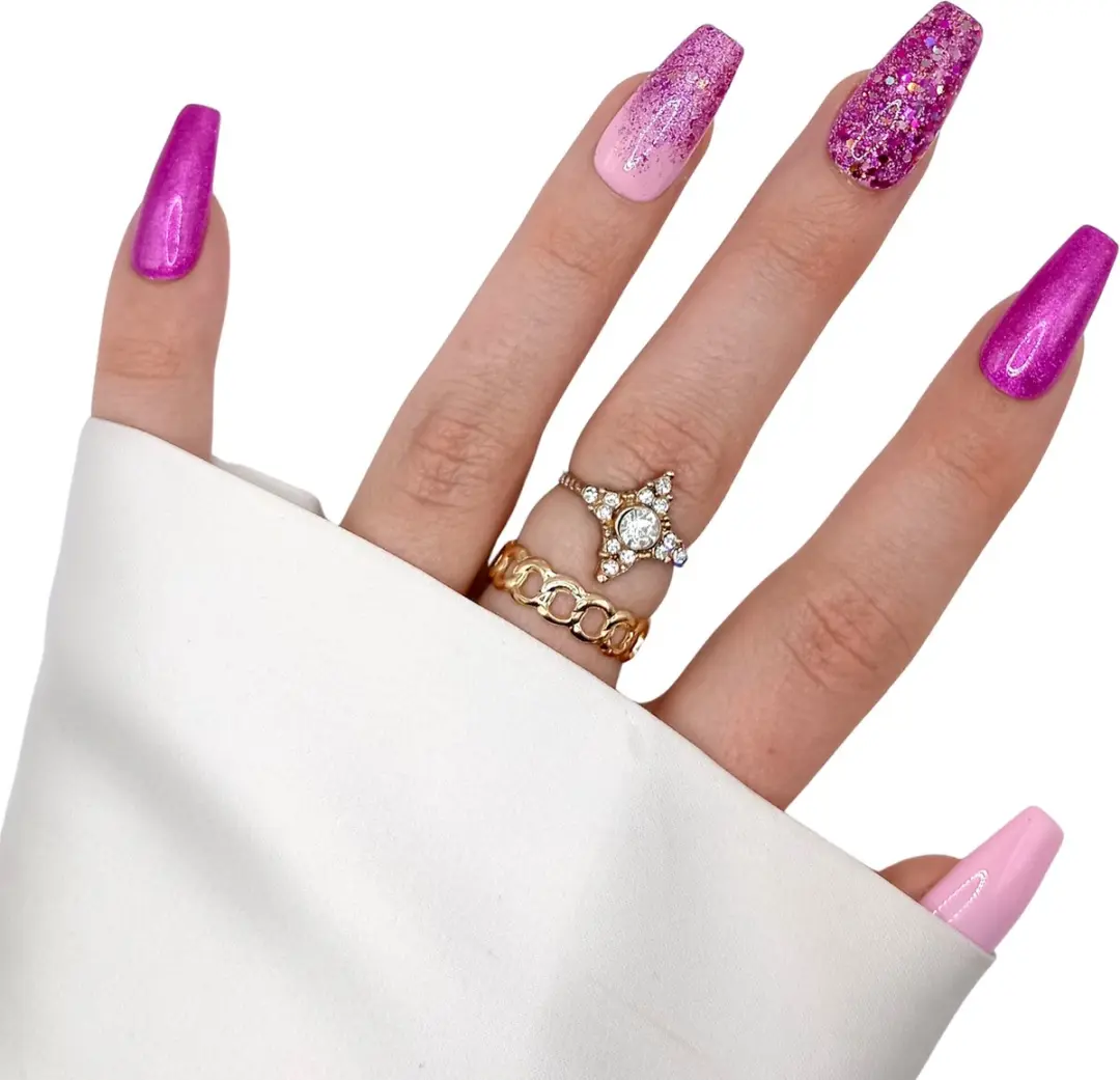 SD Press on Nails Roze Glitter Plaknagels Long Coffin - 20 Stuks