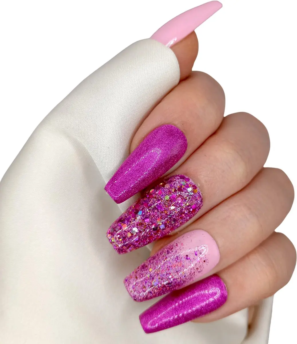 SD Press on Nails Roze Glitter Plaknagels Long Coffin - 20 Stuks