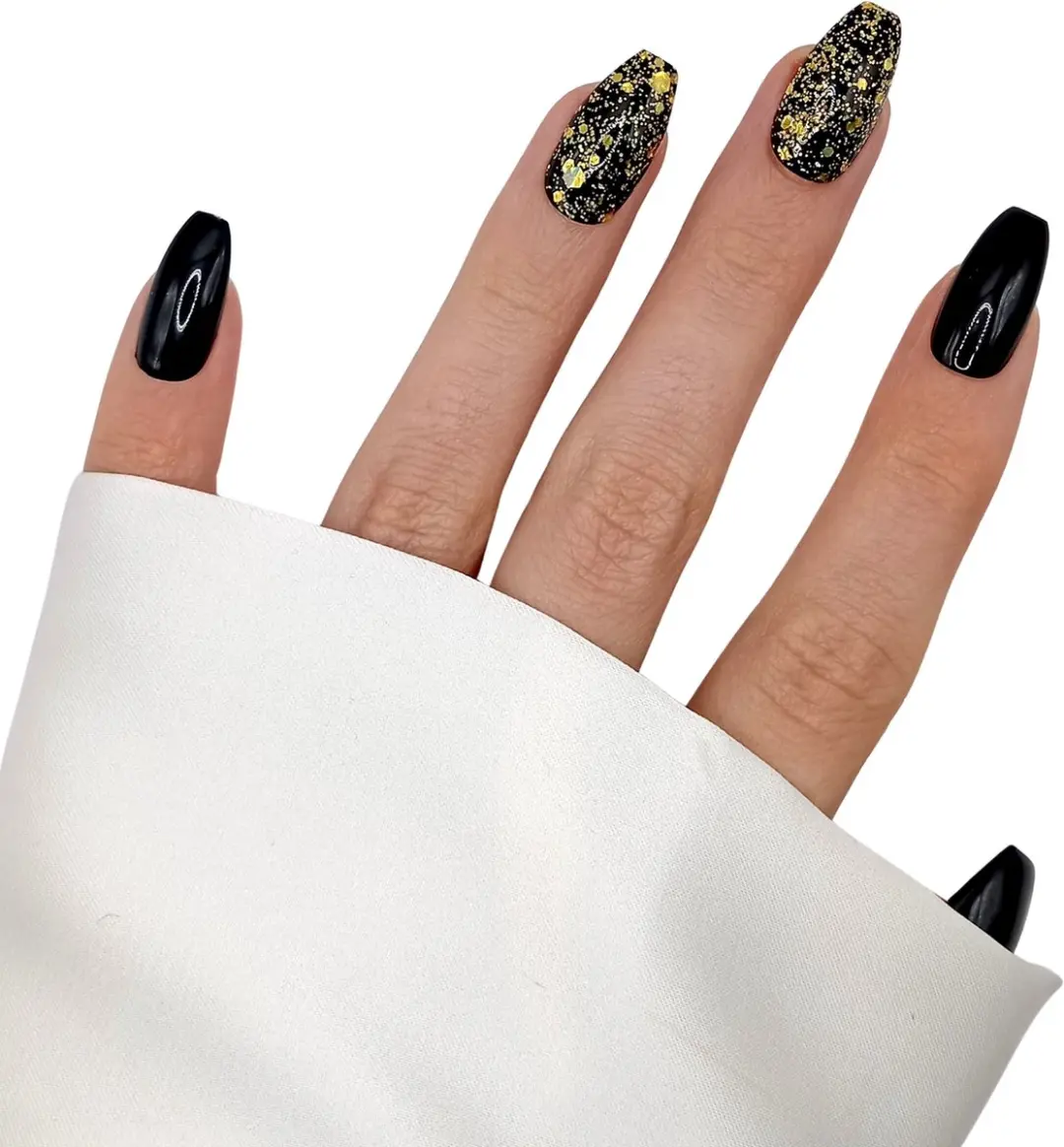 SD Press on Nails B-17 Plaknagels - 20 Stuks - Zwart/Goud - Medium Coffin