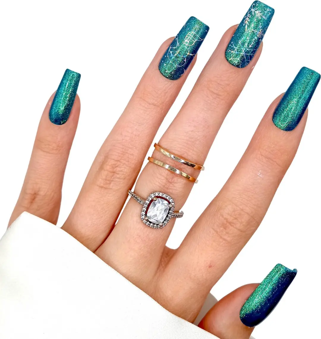 SD Press on Nails Kerstnagels Blauwe Glitter Long Square - 18 Stuks