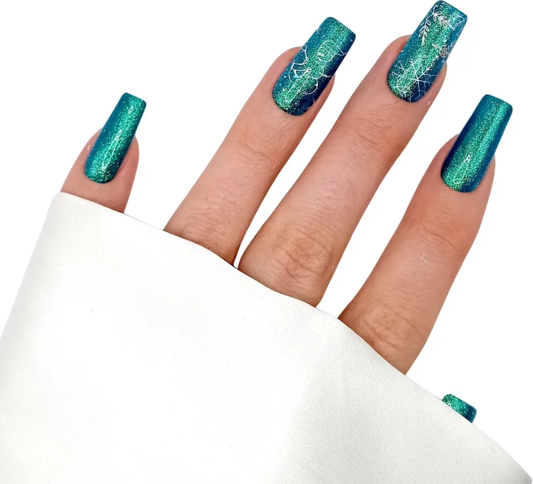 SD Press on Nails Kerstnagels Blauwe Glitter Long Square - 18 Stuks