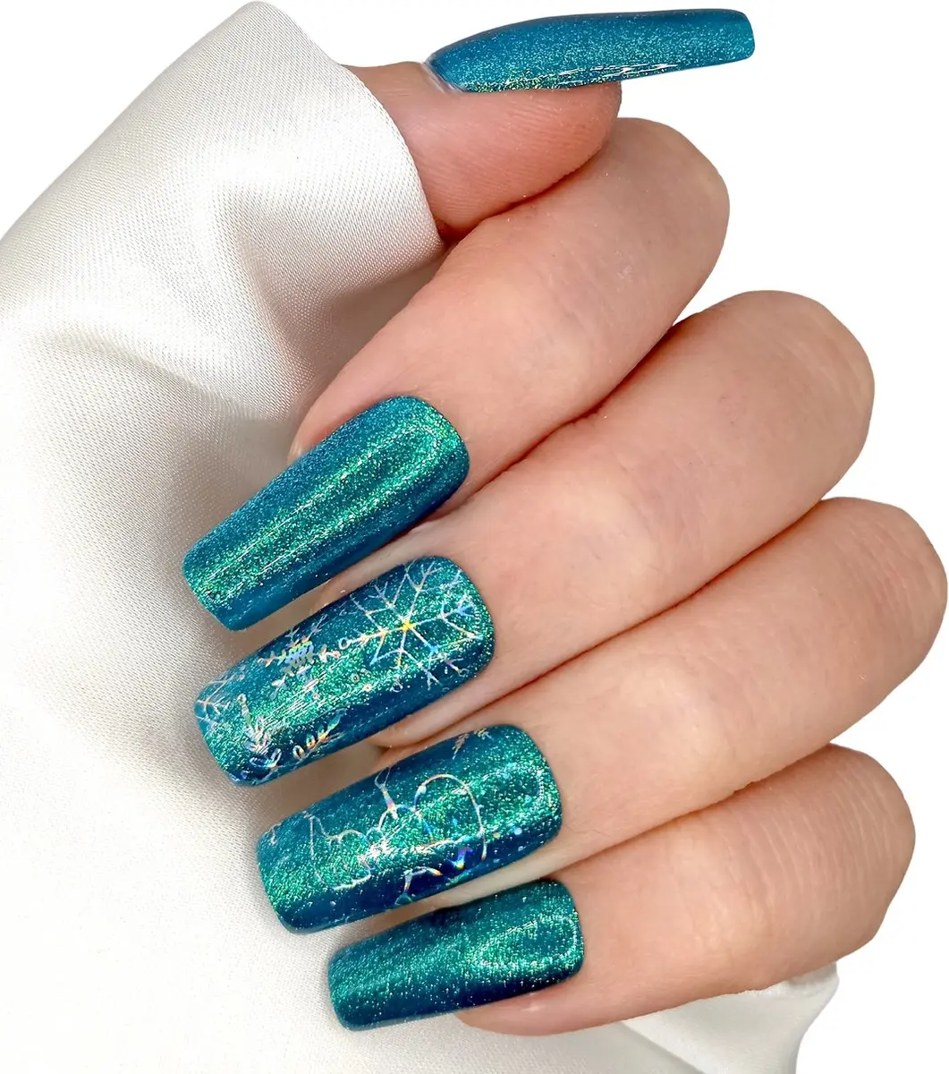 SD Press on Nails Kerstnagels Blauwe Glitter Long Square