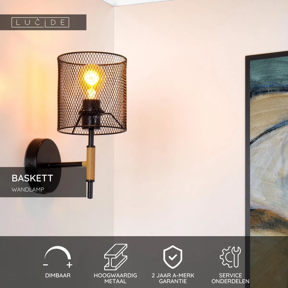 Lucide BASKETT Wandlamp E27 - Zwart