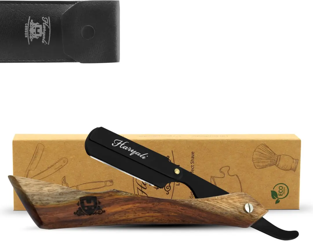 Haryali London Kappersscheermes Houten Handvat - 5 Mesjes - Bruin