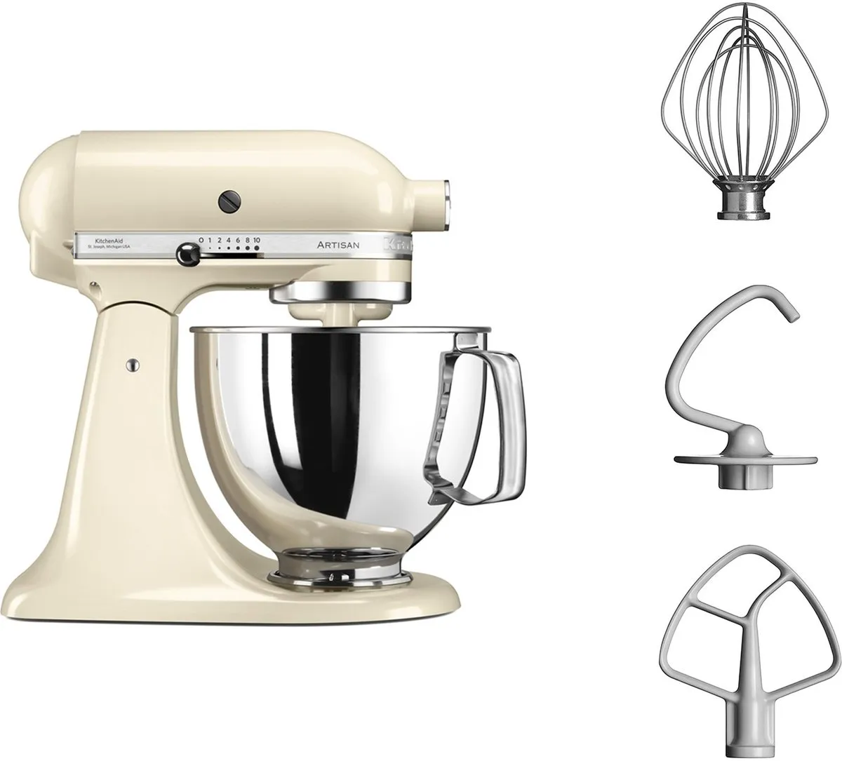 KitchenAid Artisan 5KSM125EAC Keukenmachine 4,8L - Amandel wit - 3 menghaken