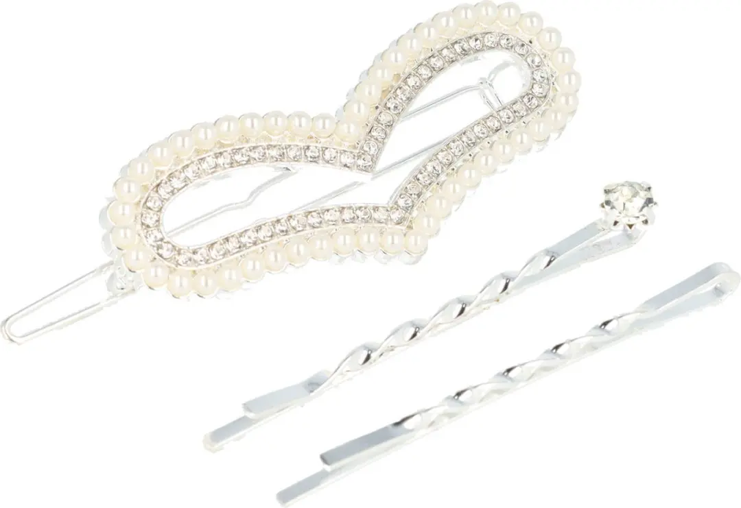 Haarsoires Haarspeld Hart 5cm - Parel Strass - Zilver - 3 Stuks