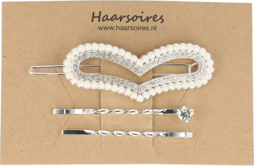 Haarsoires Haarspeld Hart 5cm - Parel Strass - Zilver - 3 Stuks