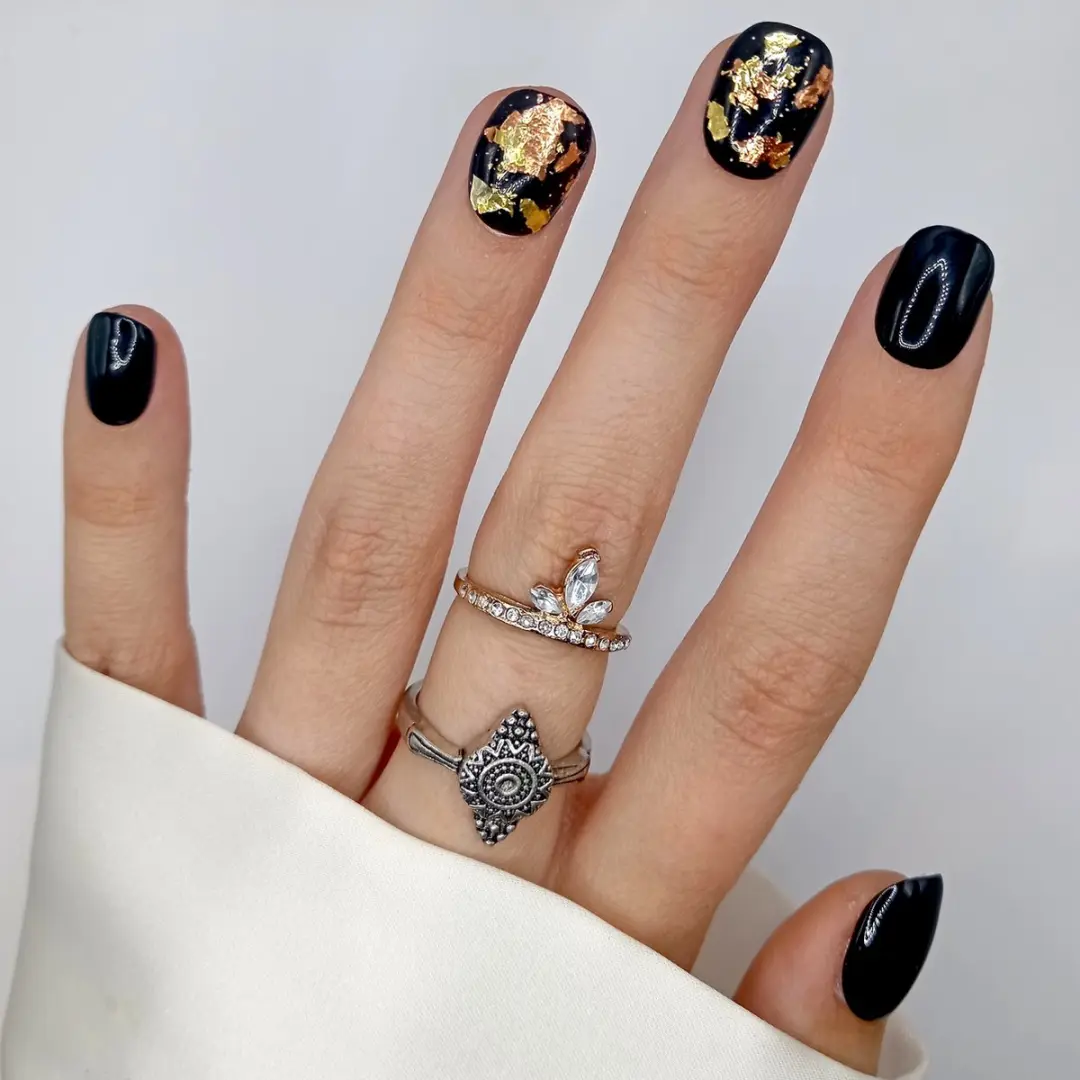 SD Press on Nails Zwart Flake Goud Nagelset