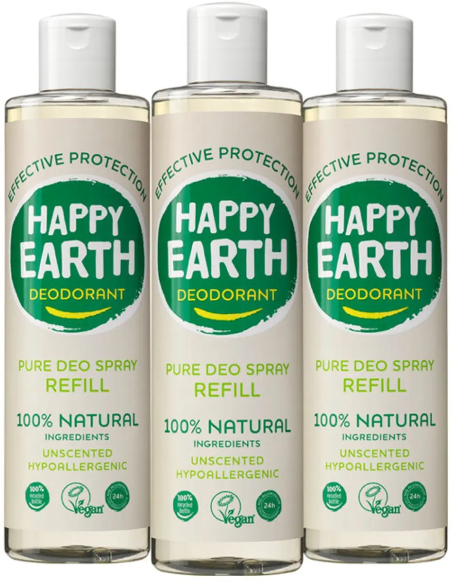 Happy Earth Deo Spray Unscented Navulling 3x300ml