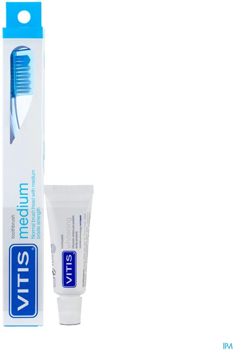Vitis Tandenborstel + Mini Tandpasta Whitening Blauw/Wit - afbeelding 6 van 6