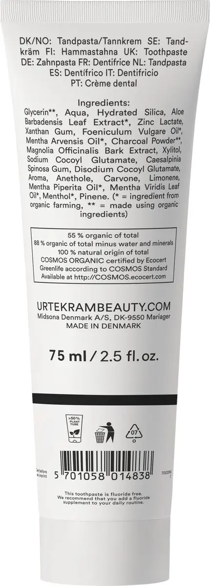 Urtekram Charcoal Tandpasta Actieve Kool 75ml