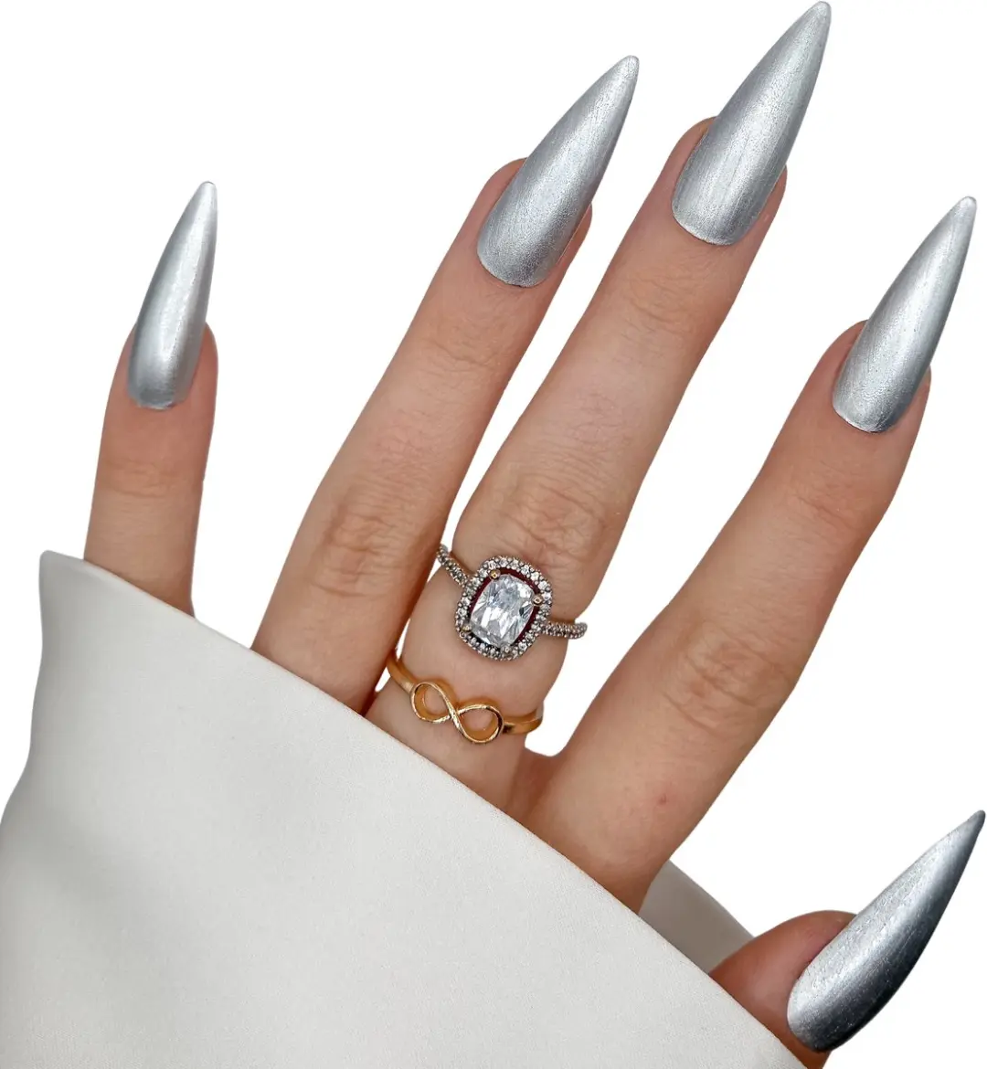 SD Press on Nails B100 Metallic Zilver Plaknagels XL Stiletto - 20 Stuks