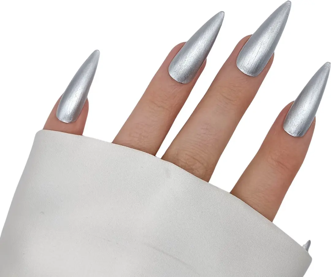 SD Press on Nails B100 Metallic Zilver Plaknagels XL Stiletto - 20 Stuks