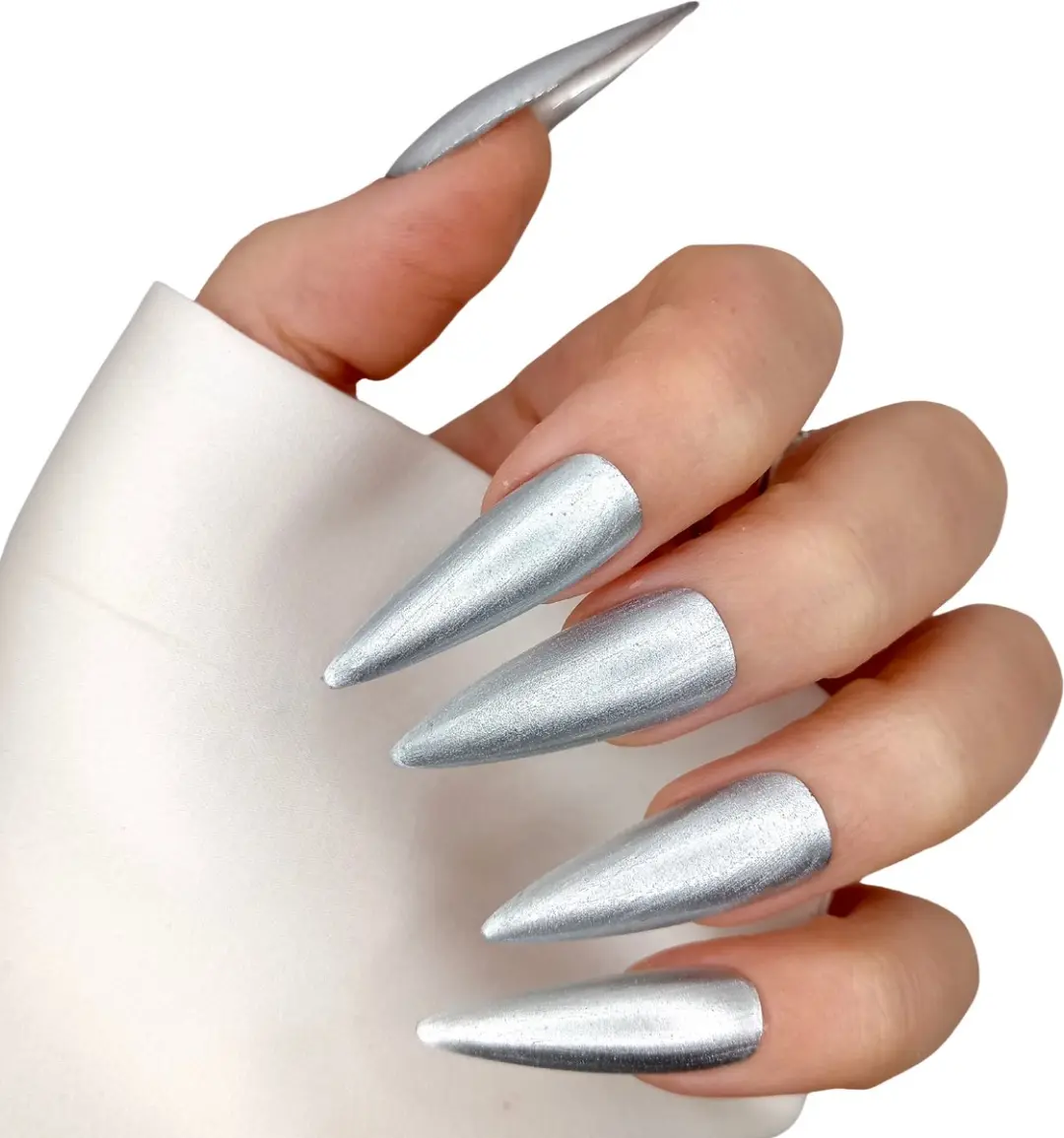 SD Press on Nails B100 Metallic Zilver Plaknagels XL Stiletto