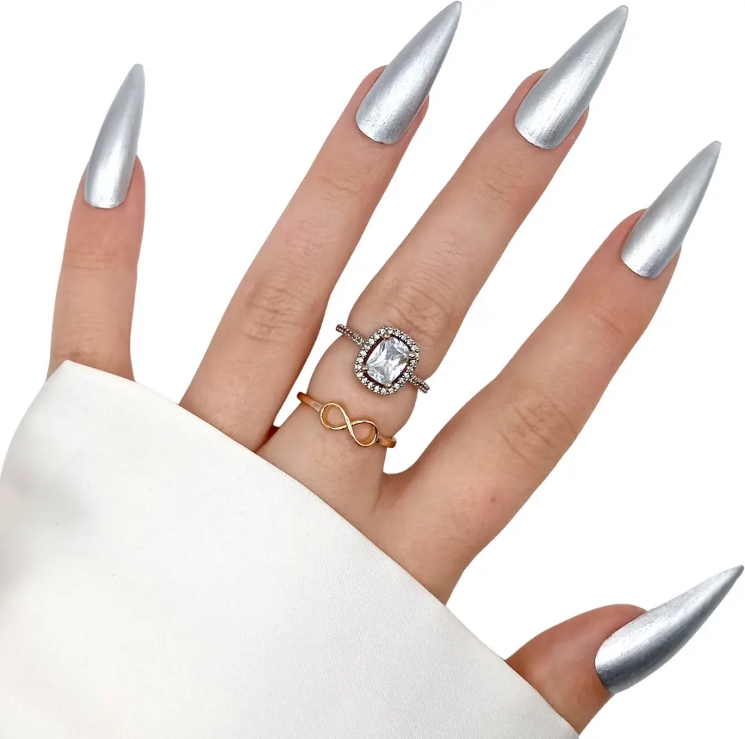 SD Press on Nails B100 Metallic Zilver Plaknagels XL Stiletto - 20 Stuks