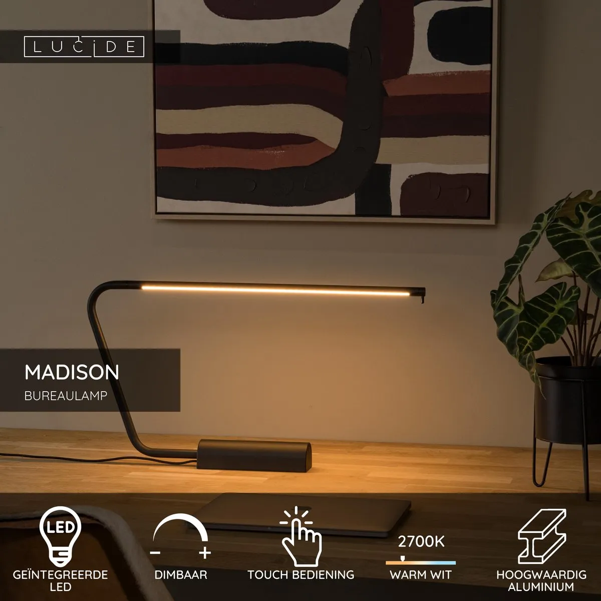Lucide MADISON - Bureaulamp - LED Dimbaar - 1x6,5W 2700K - Zwart