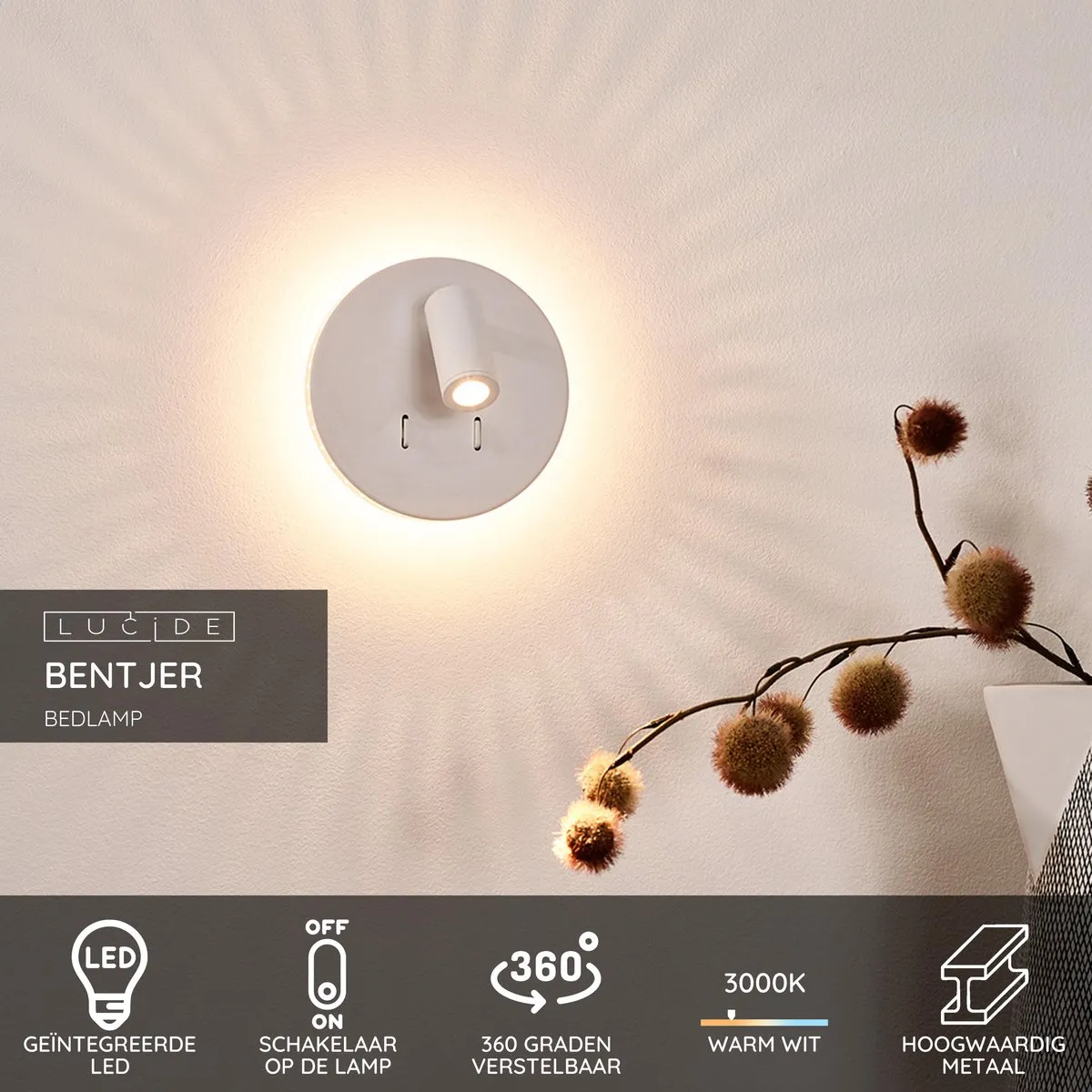 Lucide Bentjer Bedlamp/Wandlamp Ø14cm - 3000K - Wit