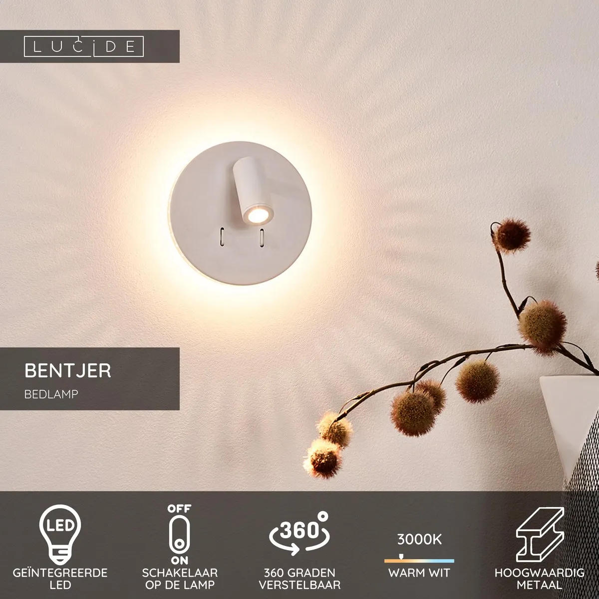Lucide Bentjer Bedlamp/Wandlamp Ø14cm - 3000K - Wit