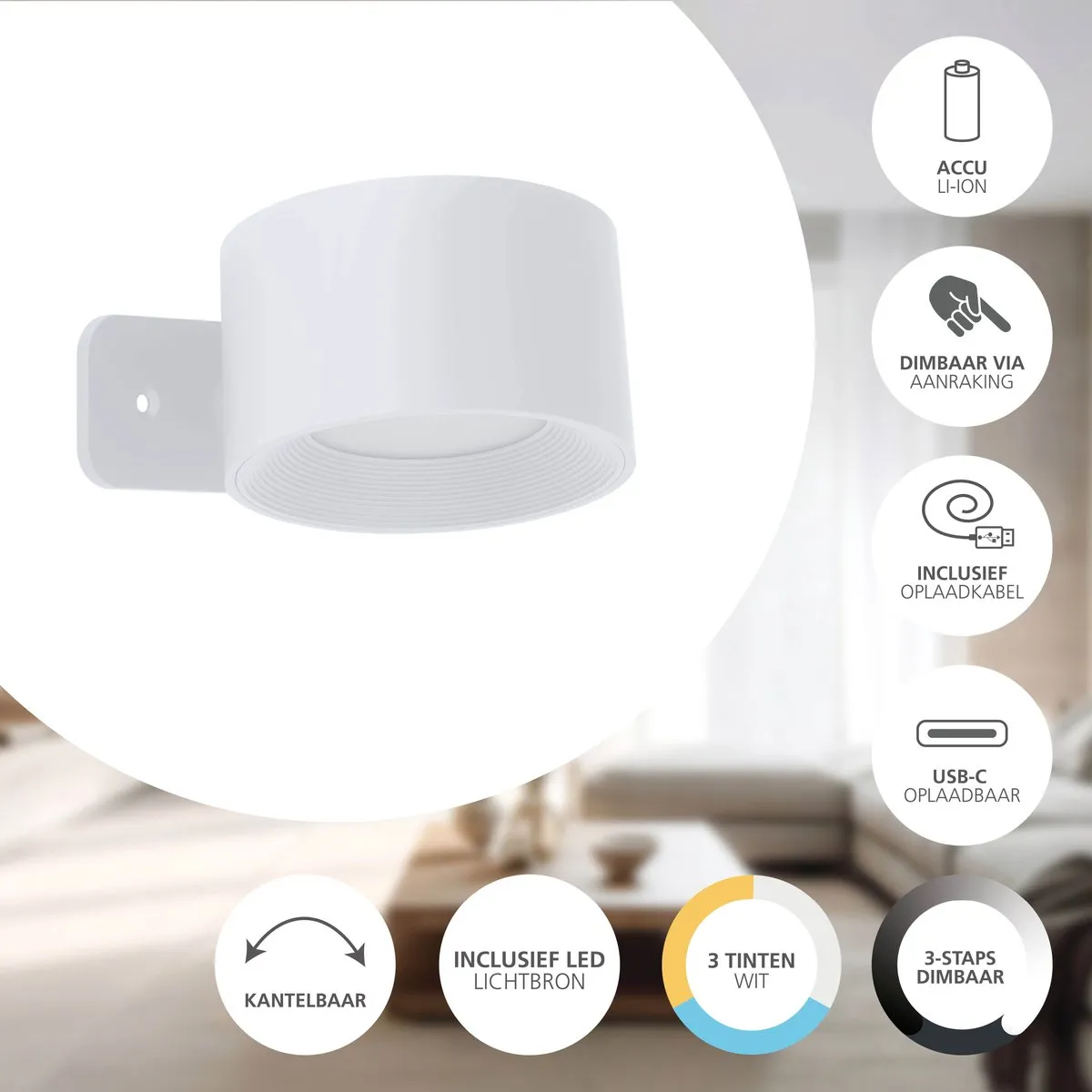 Eglo Muraglie Wandlamp - Oplaadbaar 24u - Ø7,5cm - Wit - Dimbaar