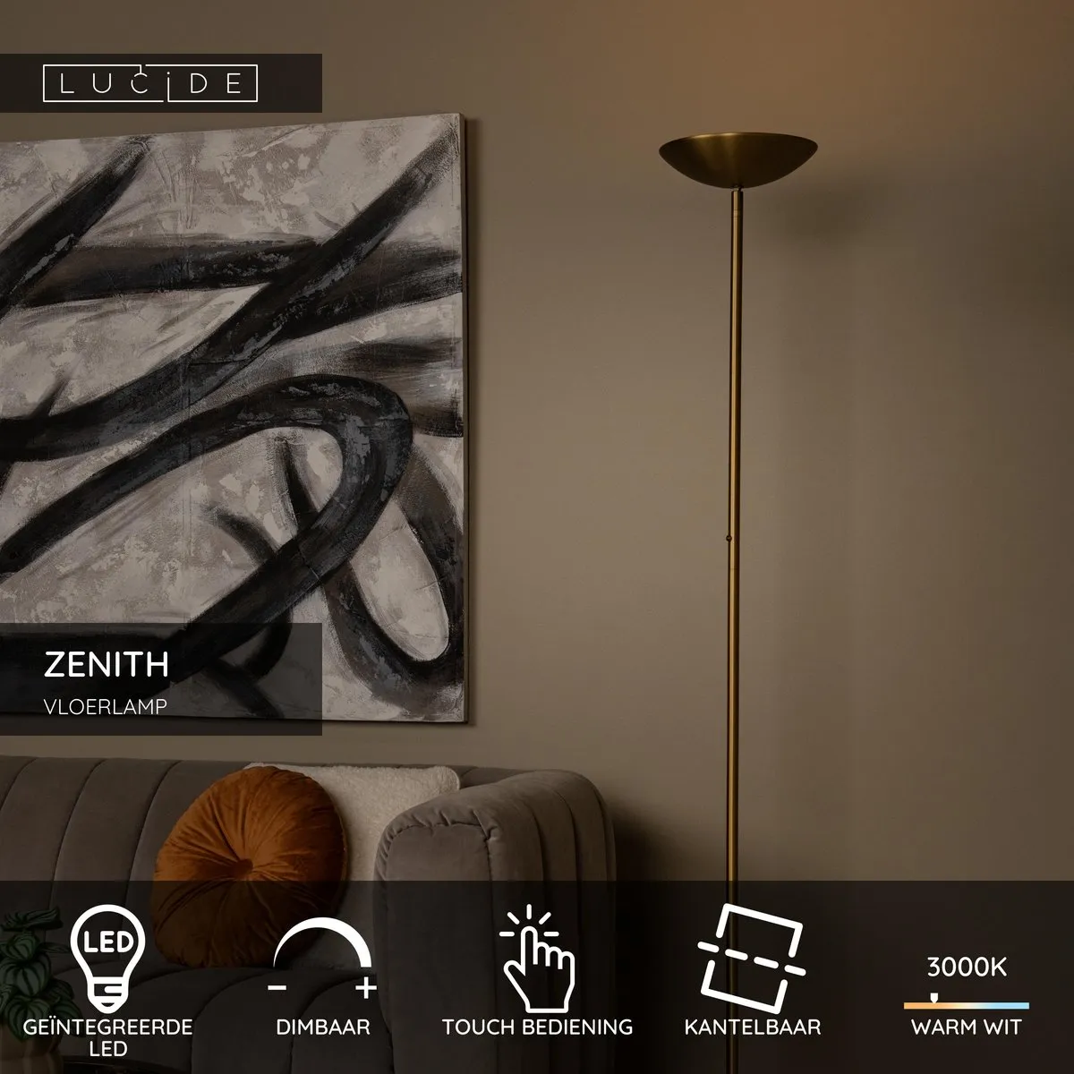 Lucide Zenith Vloerlamp - Ø25,4cm Mat Goud/Messing