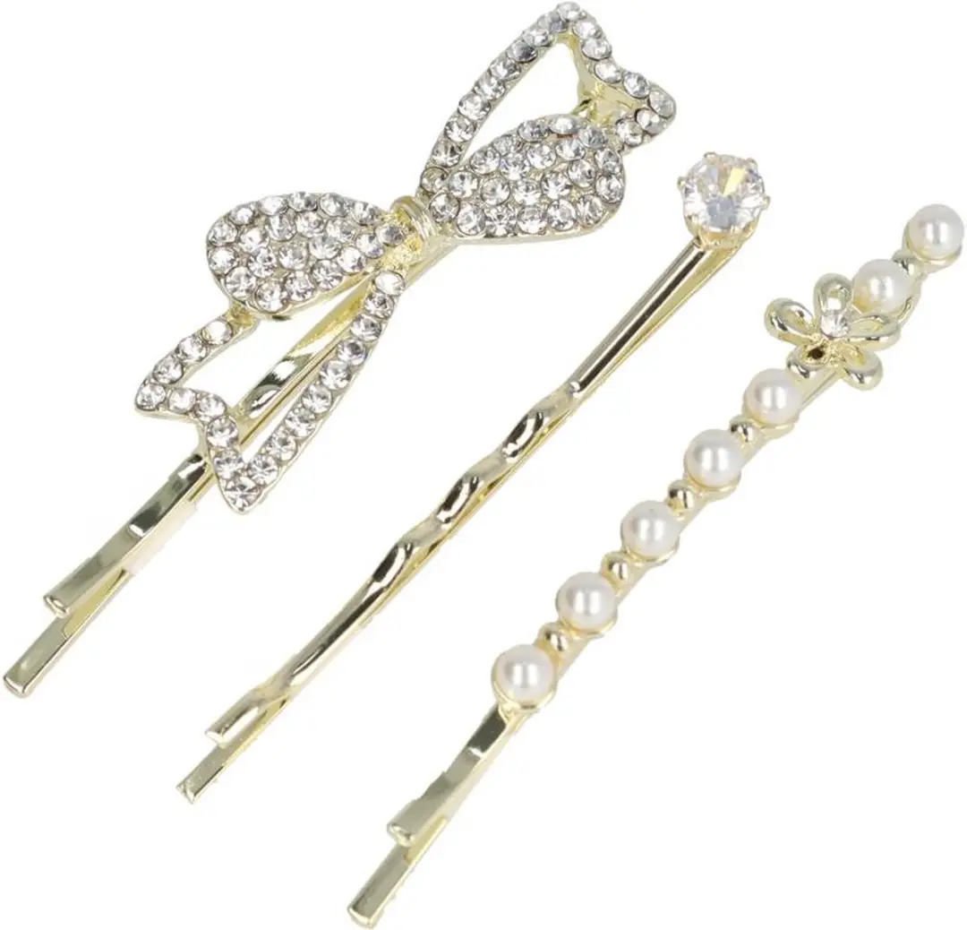 Haarsoires Schuifspeldjes 5cm Goud - Strass & Parel - 3 Stuks