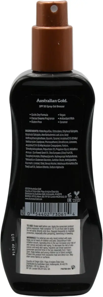 Australian Gold SPF 50 Spray Gel met Bronzer 237ml