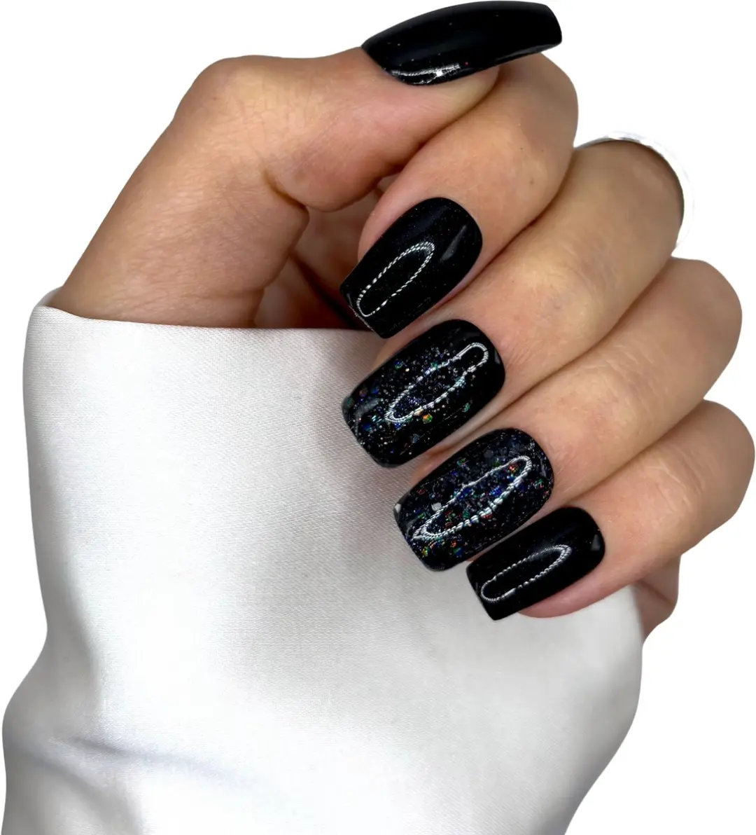 SD Press on Nails Black Magic Plaknagels - Medium Square - Zwart Glitter - 20 Stuks