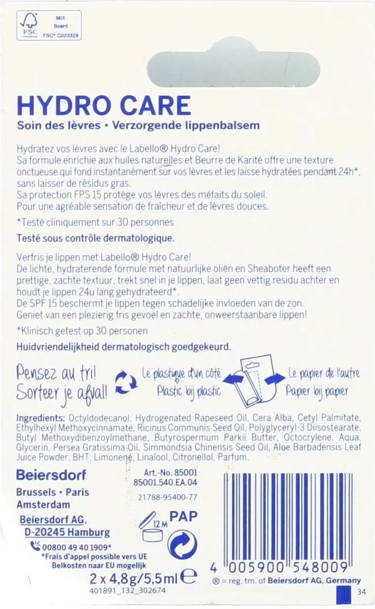 Labello Hydro Care Lippenbalsem SPF 15 - 2x5.5ml