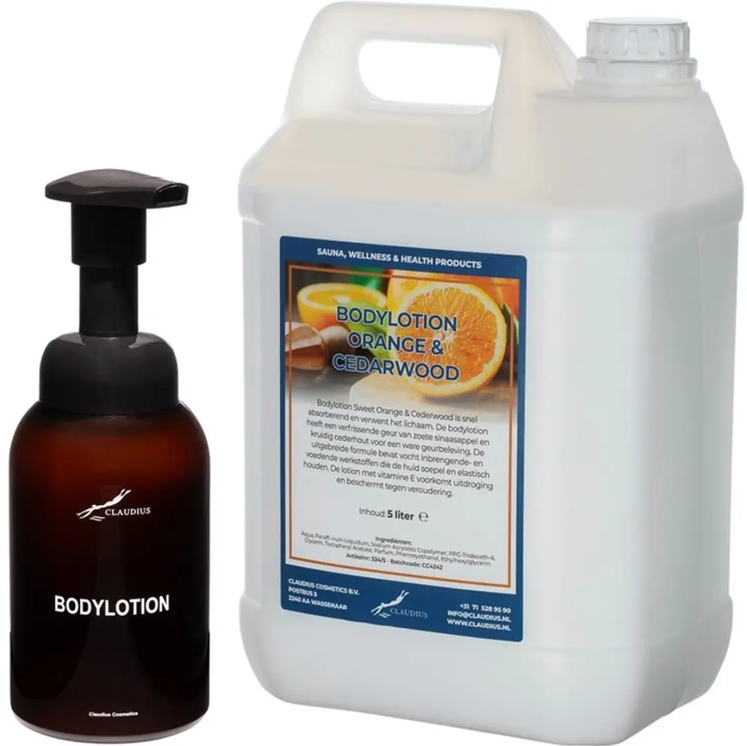 Splashbox Cosmetics Zeepdispenser 300ml + 5L Bodylotion Orange & Cedarwood Navul