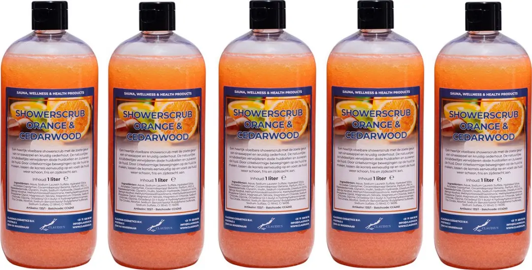 Splashbox Cosmetics Showerscrub Sweet Orange & Cedarwood 1L - 5 Stuks