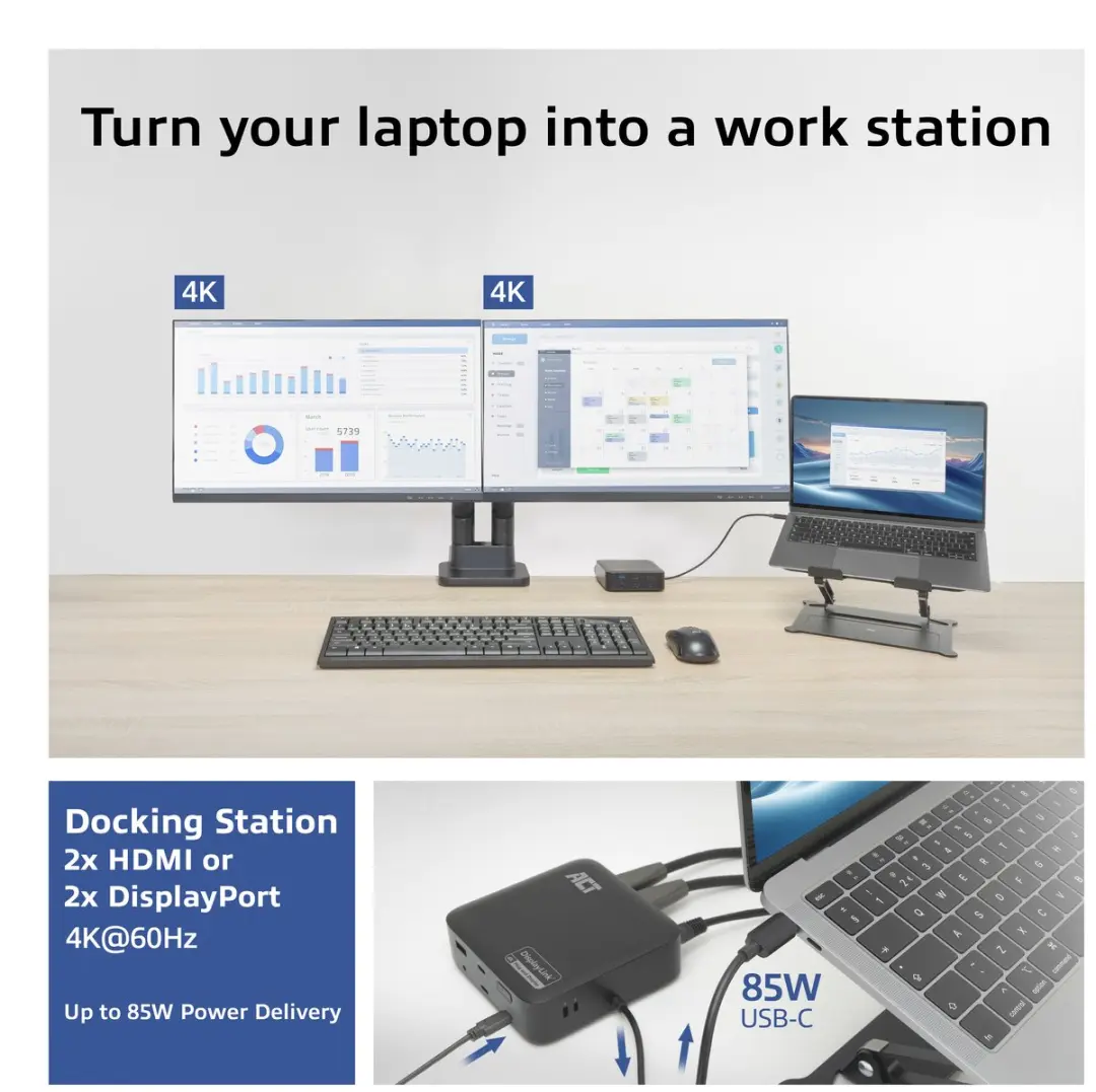 ACT AC7150 USB-C Dockingstation 4K - 2x HDMI/DisplayPort - Zwart