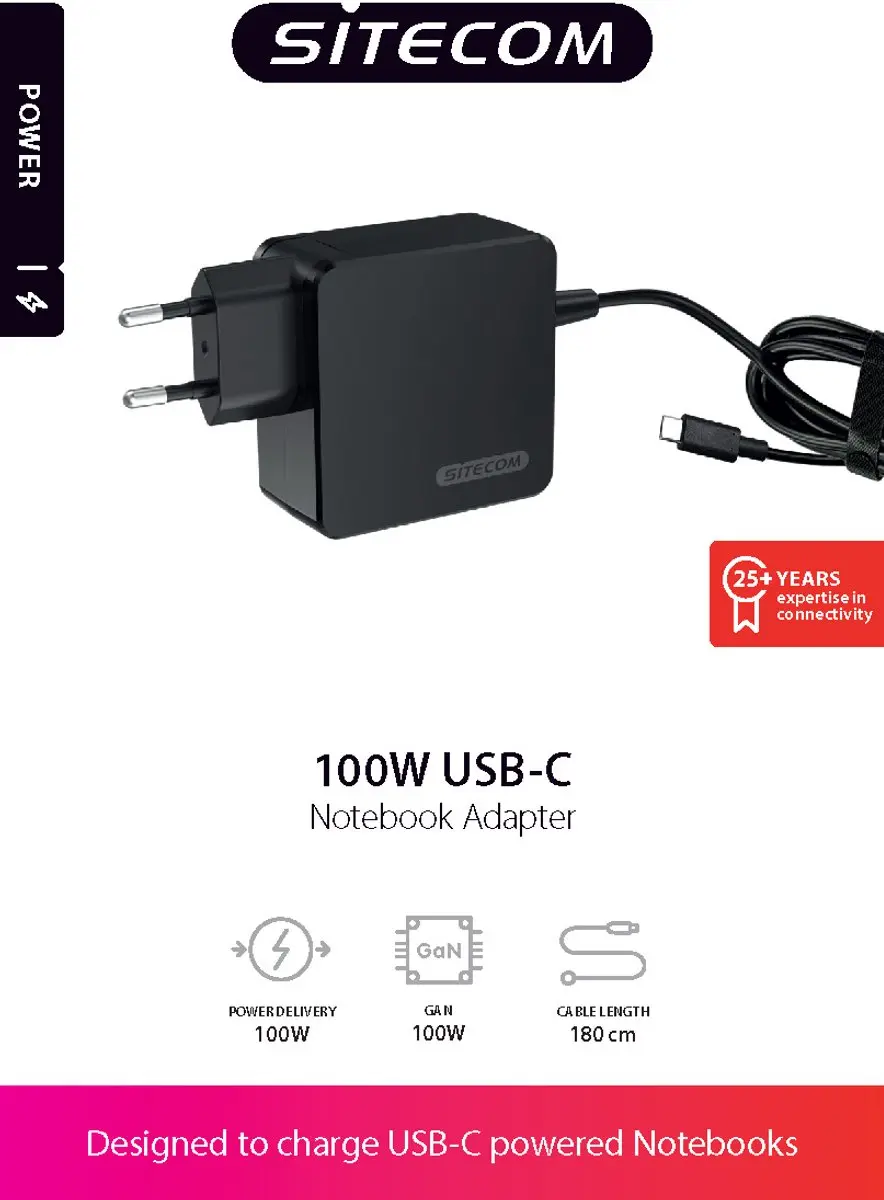 Sitecom CH-2023 Universele Notebooklader 100W - USB-C - 1,8m - Zwart