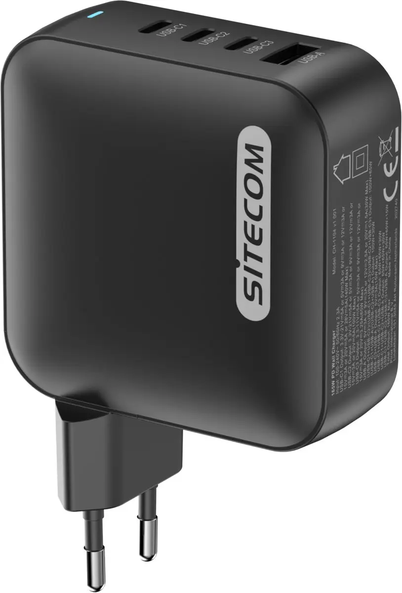 Sitecom 165W USB-C Wall Charger - 4 Poorten - Zwart