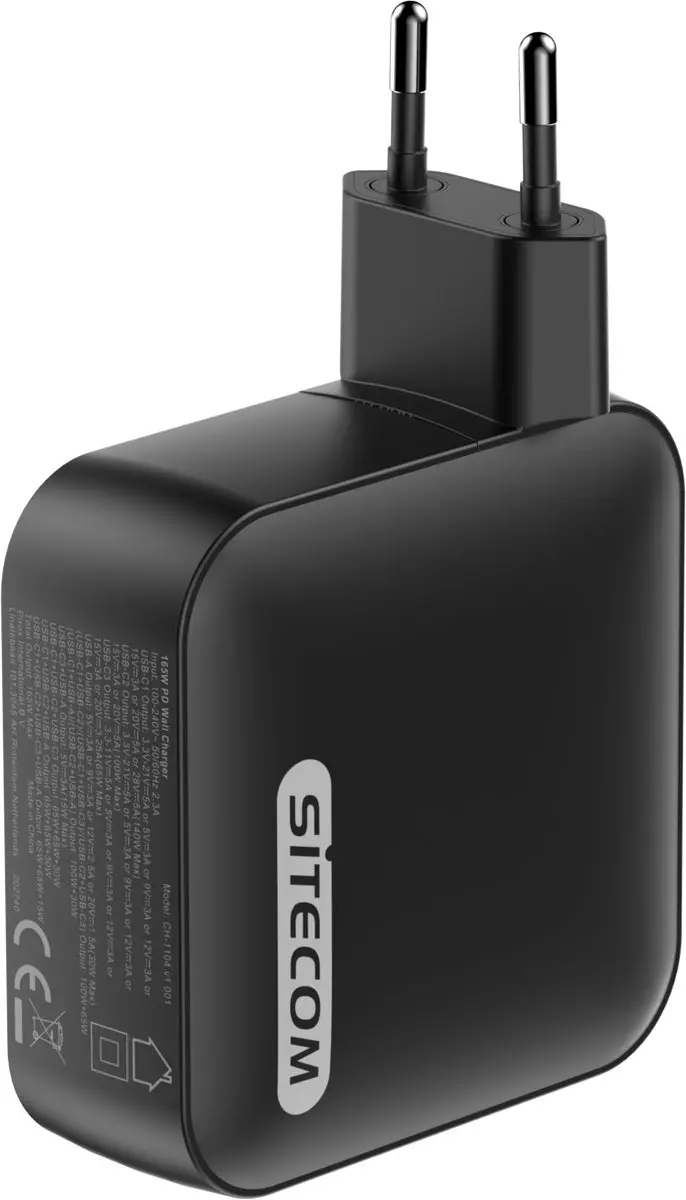 Sitecom 165W USB-C Wall Charger - 4 Poorten - Zwart