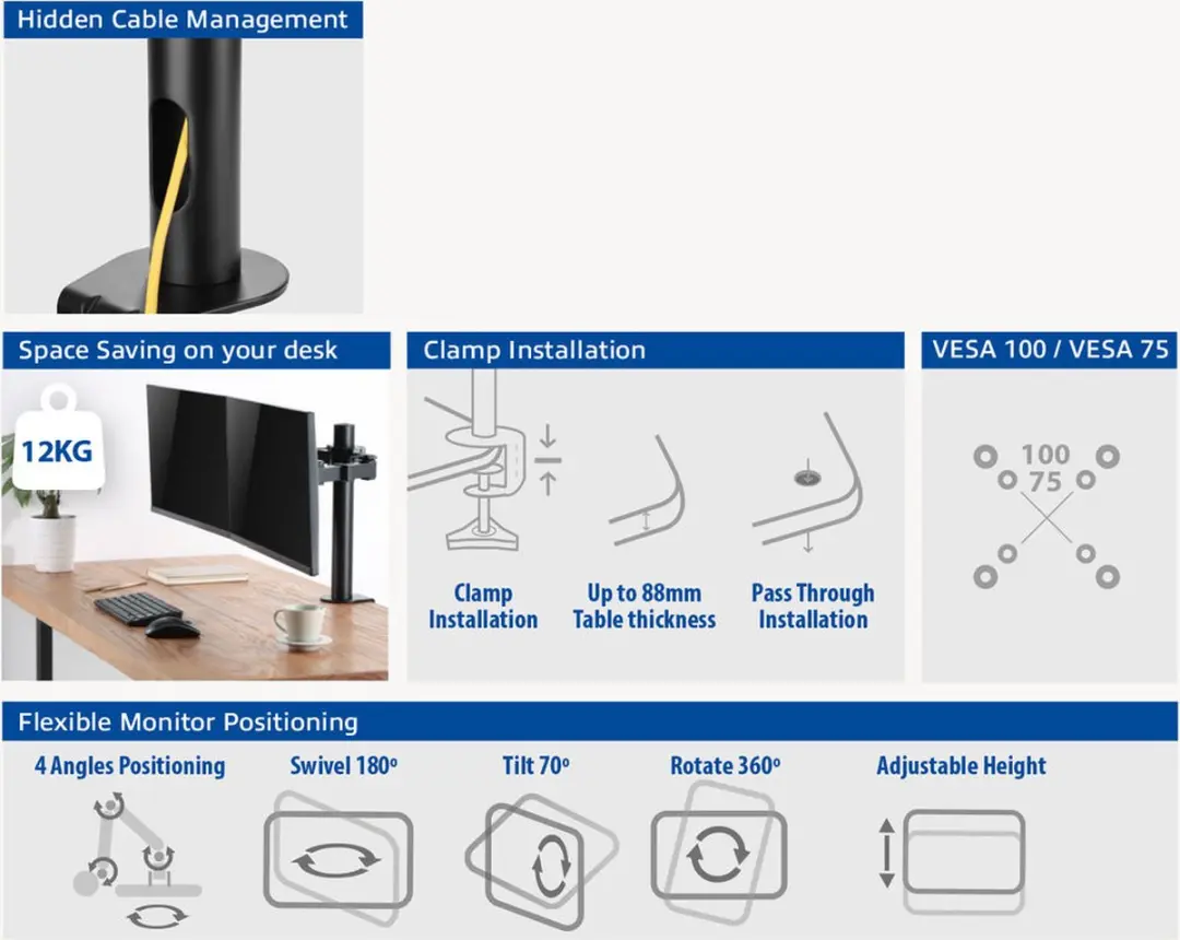 ACT Monitorarm AC8326 - 2 Schermen tot 32" - Hoogte verstelbaar - Zwart