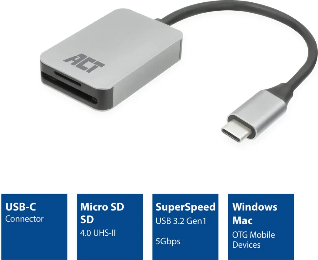 ACT AC7056 USB-C Kaartlezer SD/microSD - Zwart Zilver