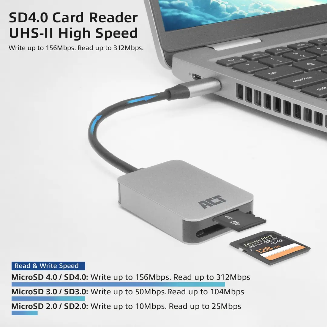 ACT AC7056 USB-C Kaartlezer SD/microSD - Zwart Zilver
