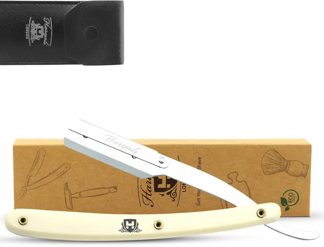 Haryali London Cutthroat Scheermes - Ivoorkleur - Lederen etui