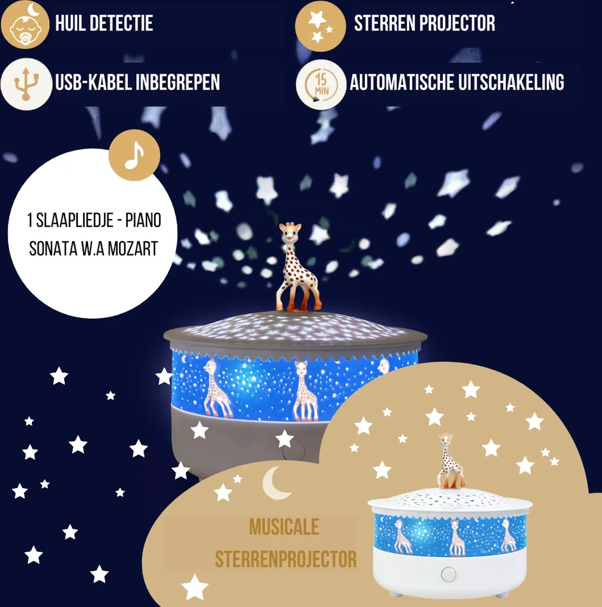 Sterrenprojector Sophie de Giraf met Muziek en Huilsensor – Betoverende Sterrenhemel voor je Kleintje, Automatische Uitschakeling en USB-kabel Inbegrepen