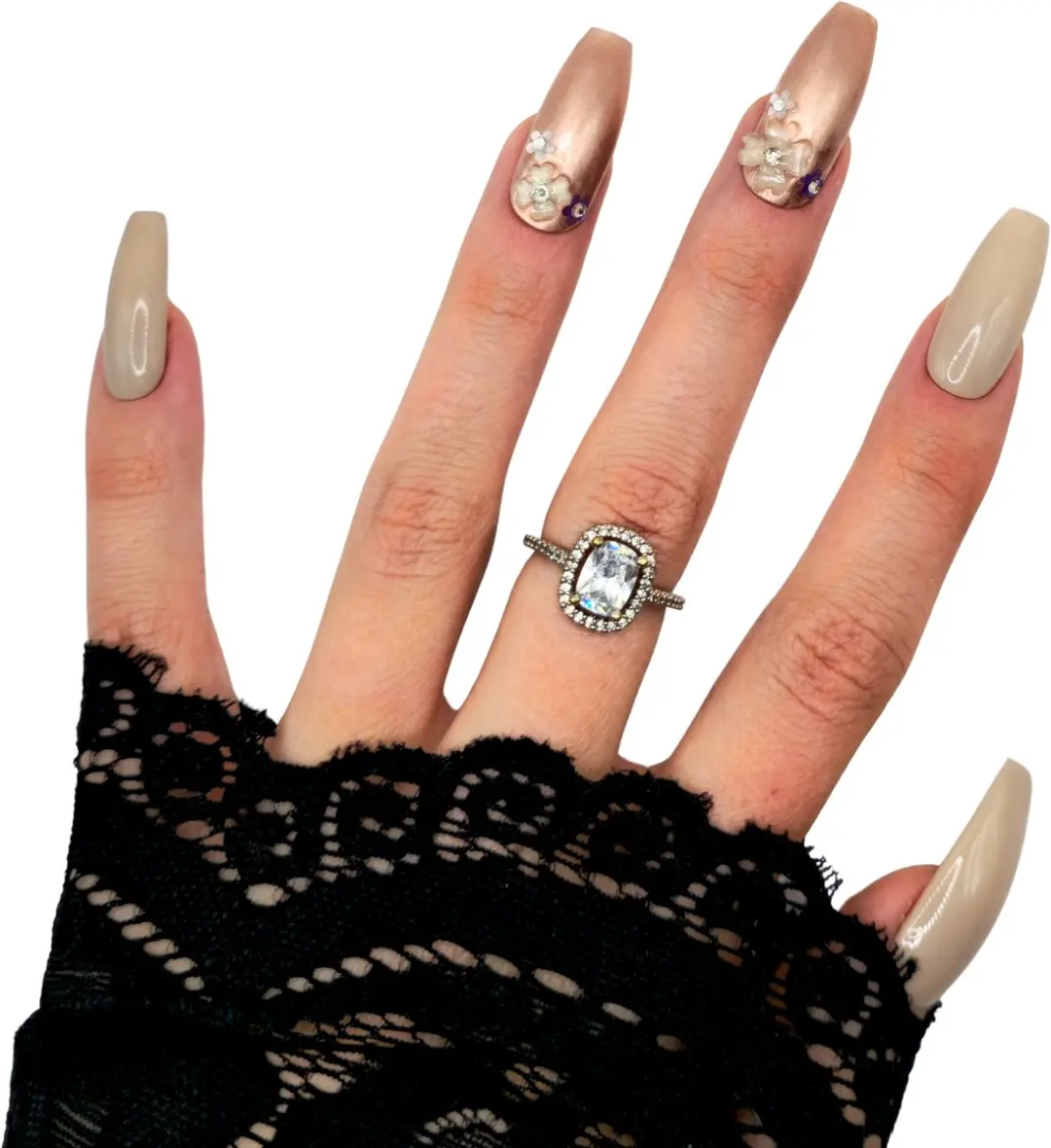 SD Press on Nails No. 11 Innocente XL Ballerina Coffin Plaknagels - 20 Stuks - Nude Bloemen