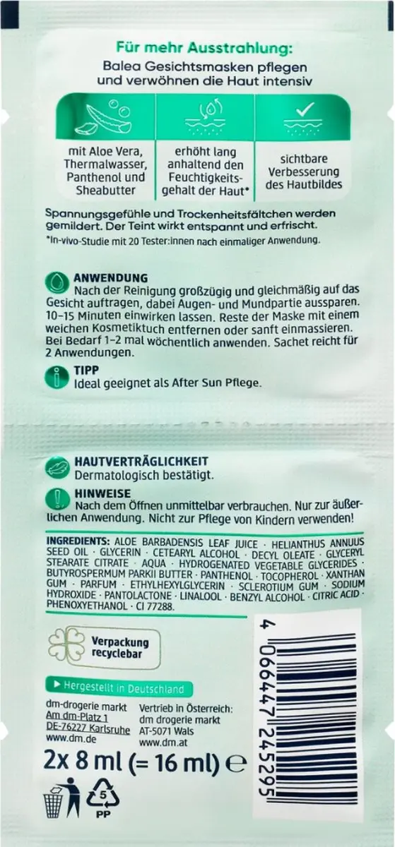 Balea Gezichtsmasker Aloë Vera 16ml - 2 Stuks