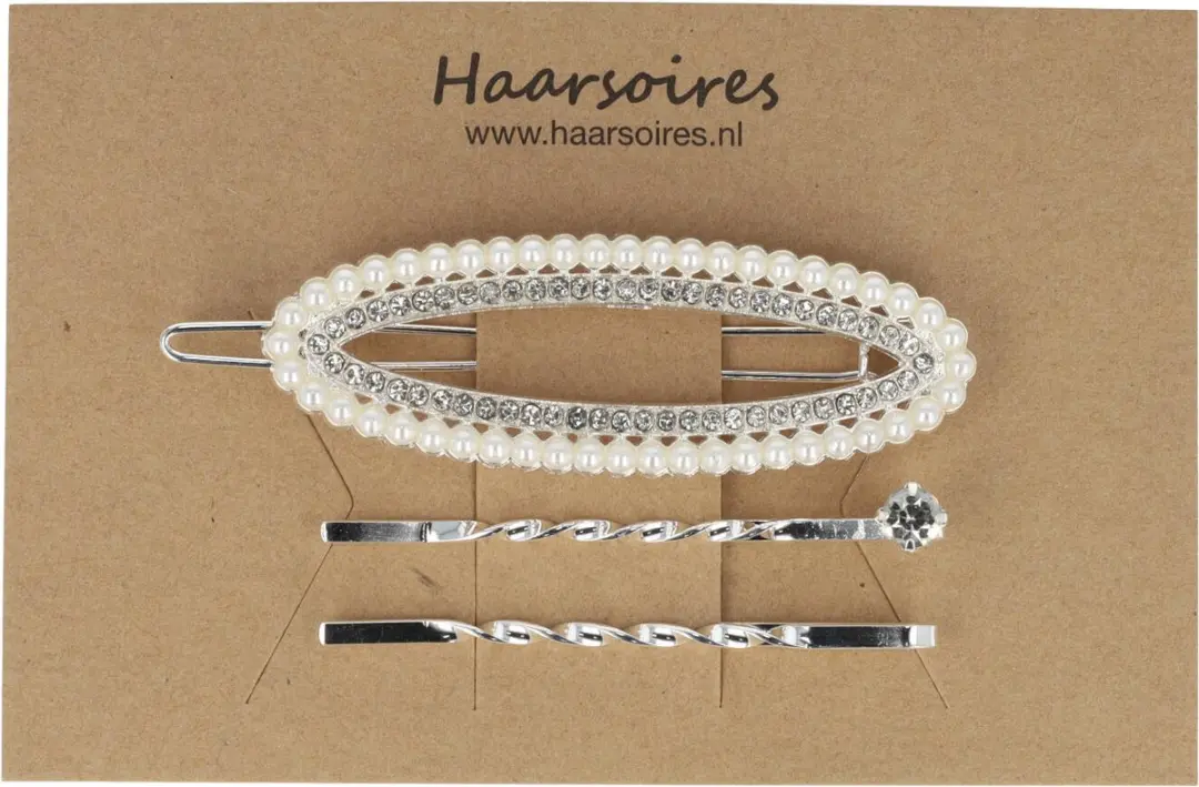 Haarsoires Haarspeld 6cm Ovaal - Parel Strass Zilver Wit - 3 Stuks