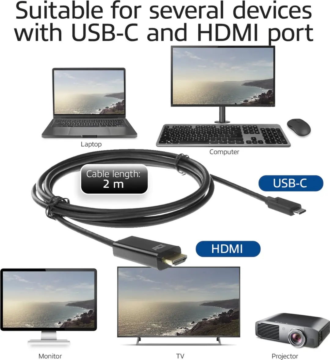 ACT AC7315 USB-C naar HDMI Kabel 4K@60Hz - 2m - Zwart - afbeelding 6 van 6